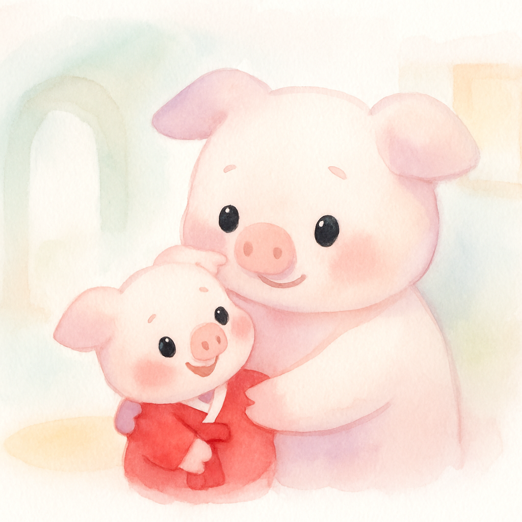 아기 돼지가 엄마에게 안겨 친구들 이야기를 하는 따뜻한 마무리 장면